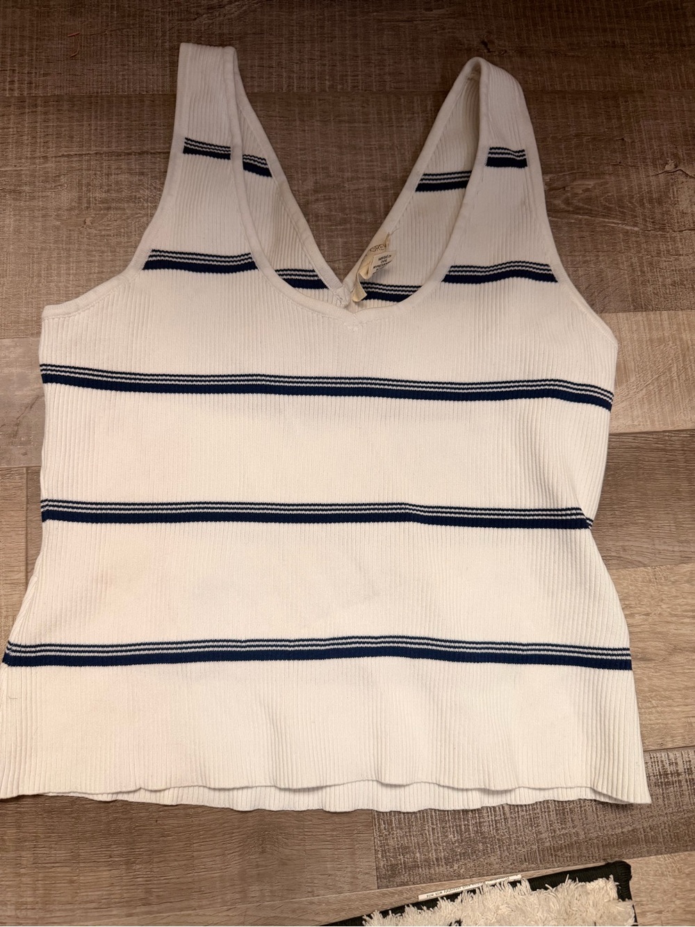 Striped White Ribbed Crop Tank with Navy Bands